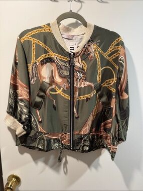 NWT Olive Equestrian Print Satin Bomber Jacket